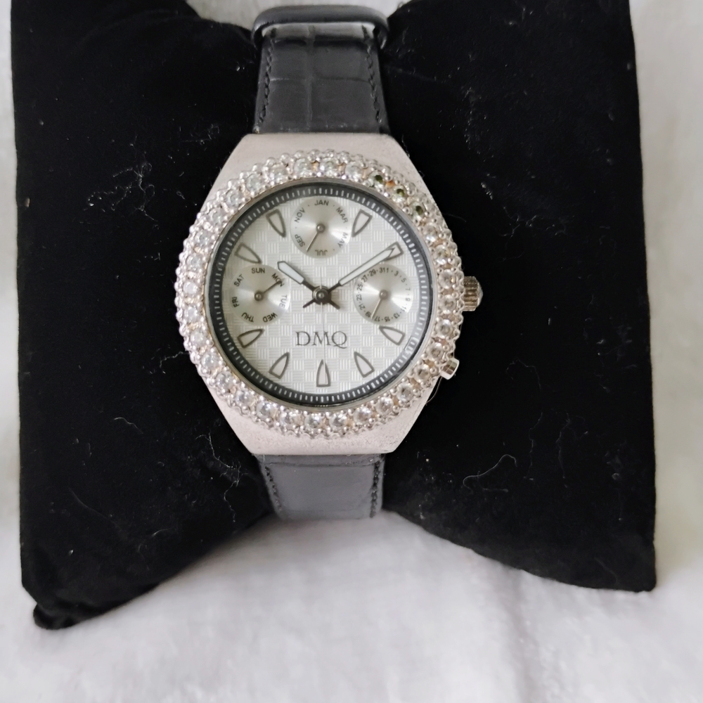 Isaac Mizrahi And Diamonique Silver Watch With Black Leather Strap